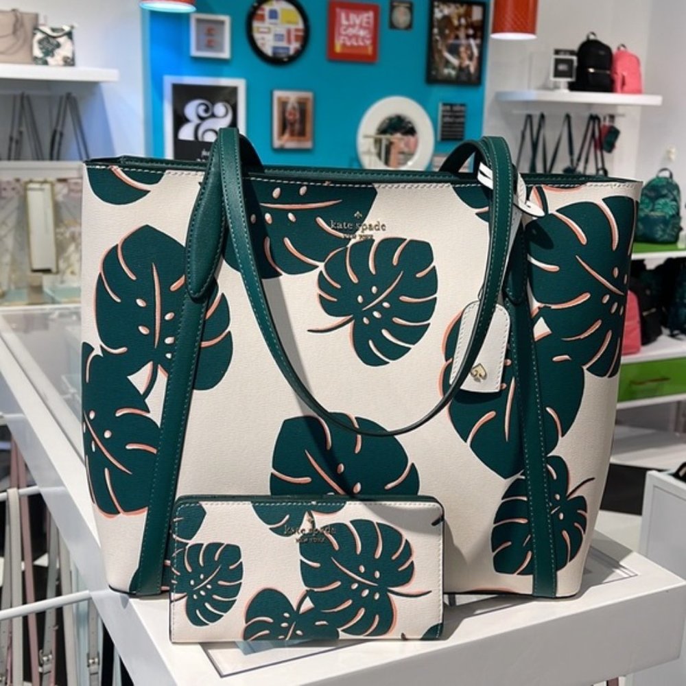 Kate Spade Cara Large Tote Monstera Leaves & Large Slim Bifold Wallet Cream Mult - Picture 7 of 16
